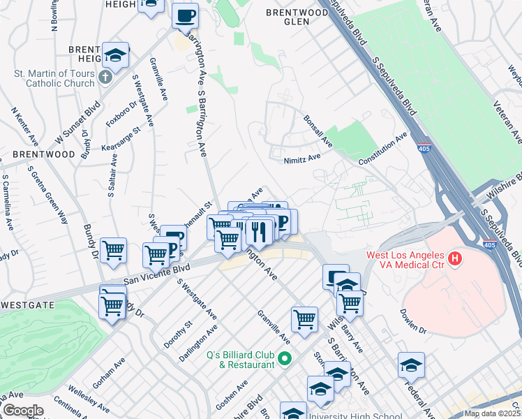 map of restaurants, bars, coffee shops, grocery stores, and more near 11633 Gorham Avenue in Los Angeles