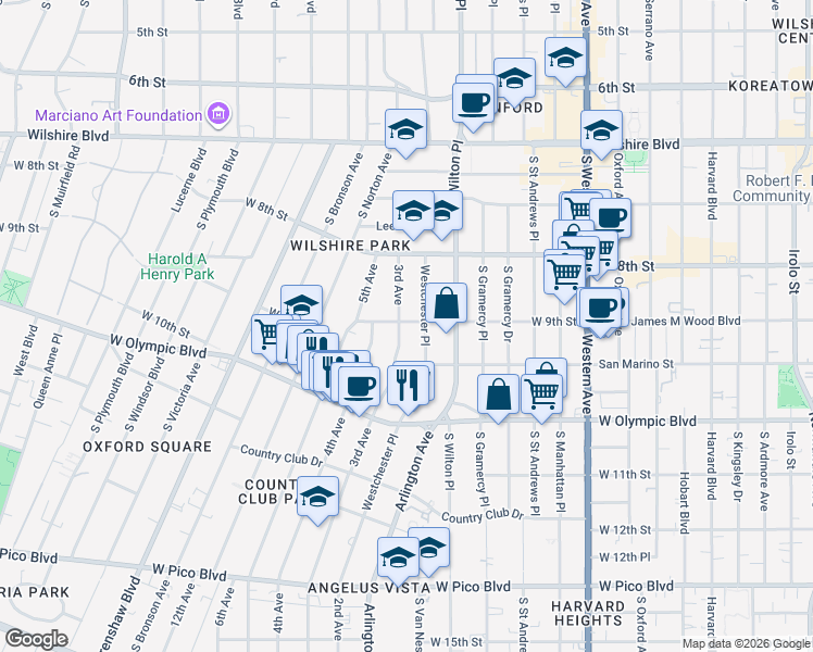 map of restaurants, bars, coffee shops, grocery stores, and more near 900 3rd Avenue in Los Angeles