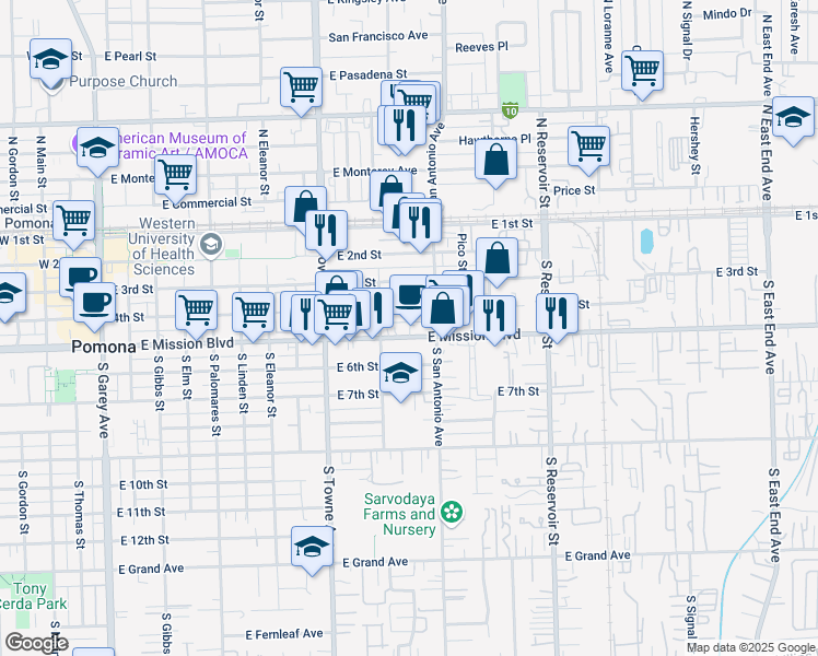 map of restaurants, bars, coffee shops, grocery stores, and more near 957 East Mission Boulevard in Pomona