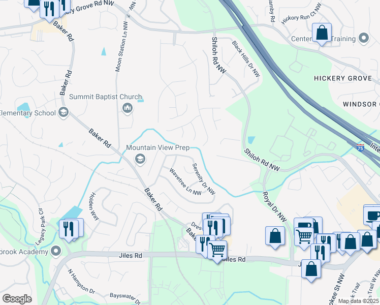 map of restaurants, bars, coffee shops, grocery stores, and more near 2212 Serenity Drive Northwest in Acworth