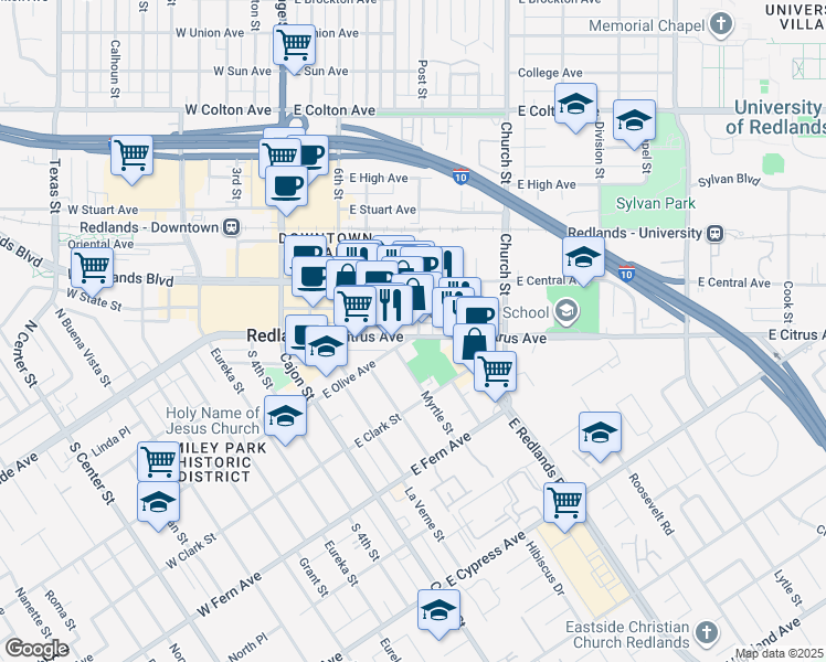 map of restaurants, bars, coffee shops, grocery stores, and more near 160 9th Street in Redlands