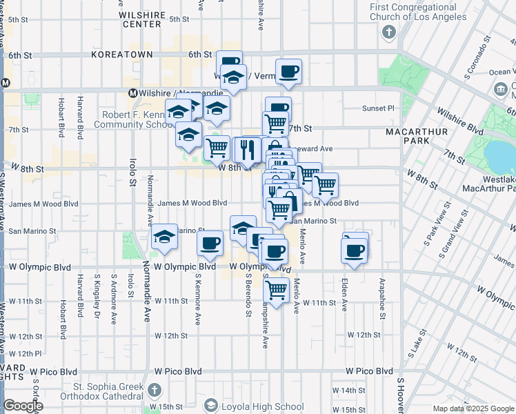 map of restaurants, bars, coffee shops, grocery stores, and more near 903 South New Hampshire Avenue in Los Angeles