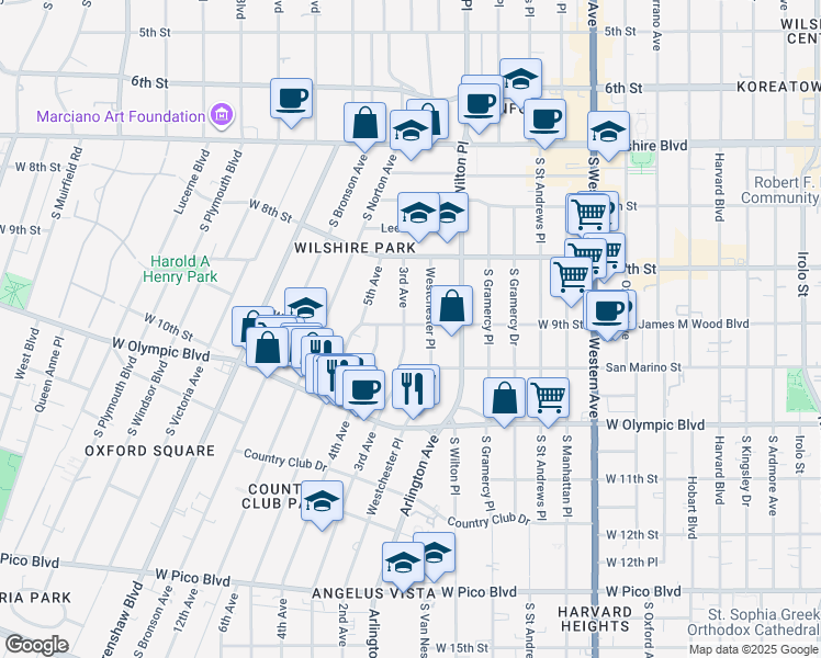 map of restaurants, bars, coffee shops, grocery stores, and more near 900 3rd Avenue in Los Angeles