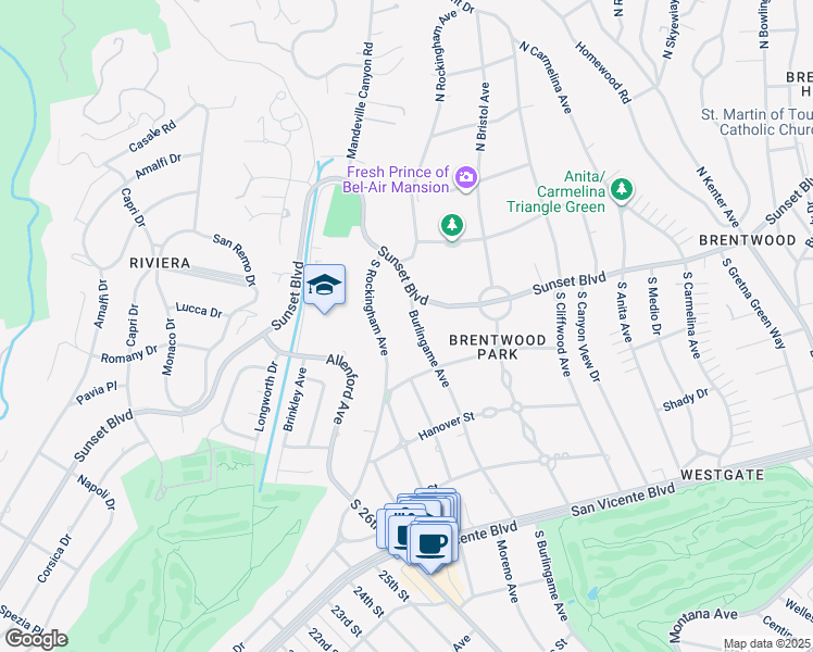 map of restaurants, bars, coffee shops, grocery stores, and more near 127 South Burlingame Avenue in Los Angeles