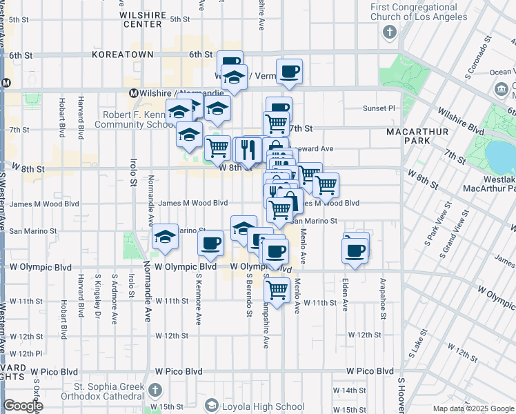 map of restaurants, bars, coffee shops, grocery stores, and more near 903 South New Hampshire Avenue in Los Angeles