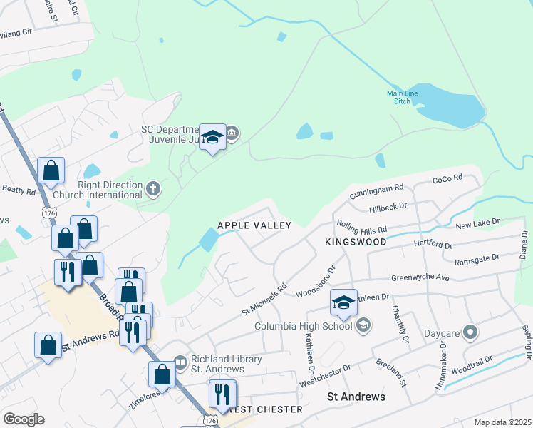 map of restaurants, bars, coffee shops, grocery stores, and more near 2134 Apple Valley Road in Columbia