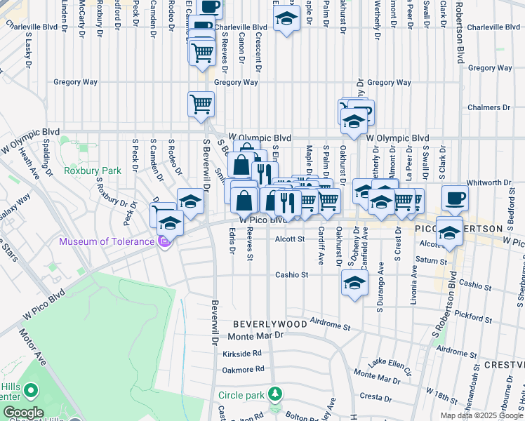 map of restaurants, bars, coffee shops, grocery stores, and more near 1177 South Beverly Drive in Los Angeles