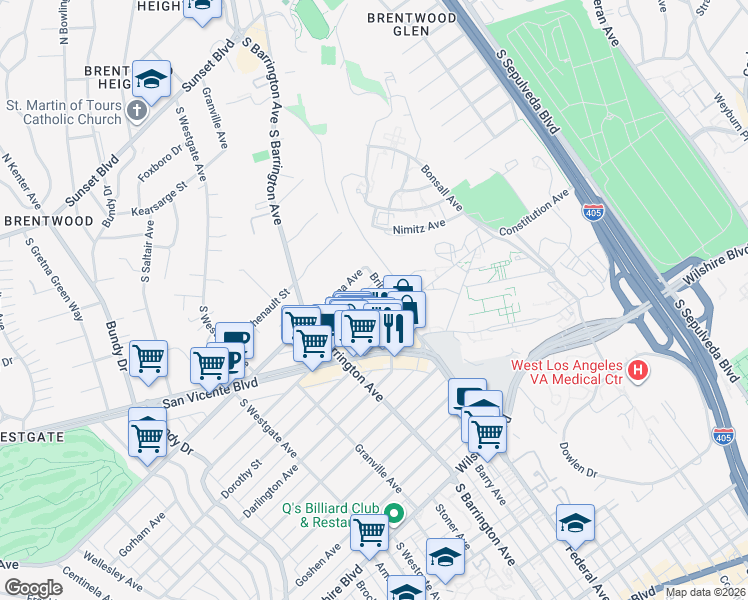 map of restaurants, bars, coffee shops, grocery stores, and more near 11601 Gorham Avenue in Los Angeles