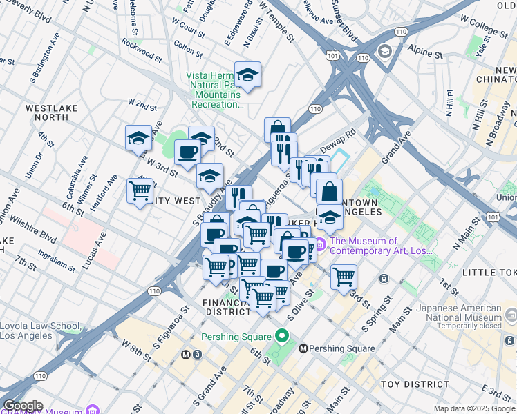 map of restaurants, bars, coffee shops, grocery stores, and more near 261 South Figueroa Street in Los Angeles
