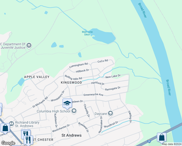 map of restaurants, bars, coffee shops, grocery stores, and more near 2204 Cunningham Road in Columbia