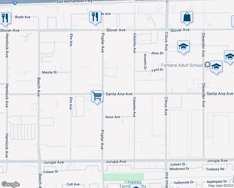 map of restaurants, bars, coffee shops, grocery stores, and more near 15801 Santa Ana Avenue in Fontana