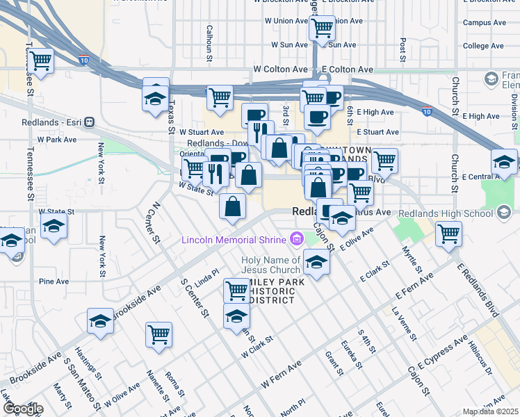 map of restaurants, bars, coffee shops, grocery stores, and more near 321 West State Street in Redlands