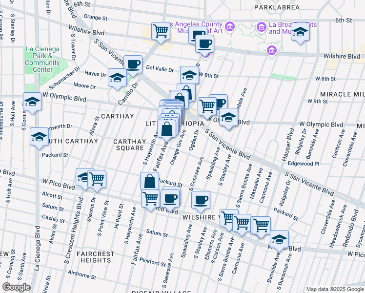 map of restaurants, bars, coffee shops, grocery stores, and more near 1076 South Orange Grove Avenue in Los Angeles
