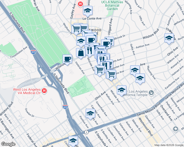 map of restaurants, bars, coffee shops, grocery stores, and more near 10965 Rochester Avenue in Los Angeles