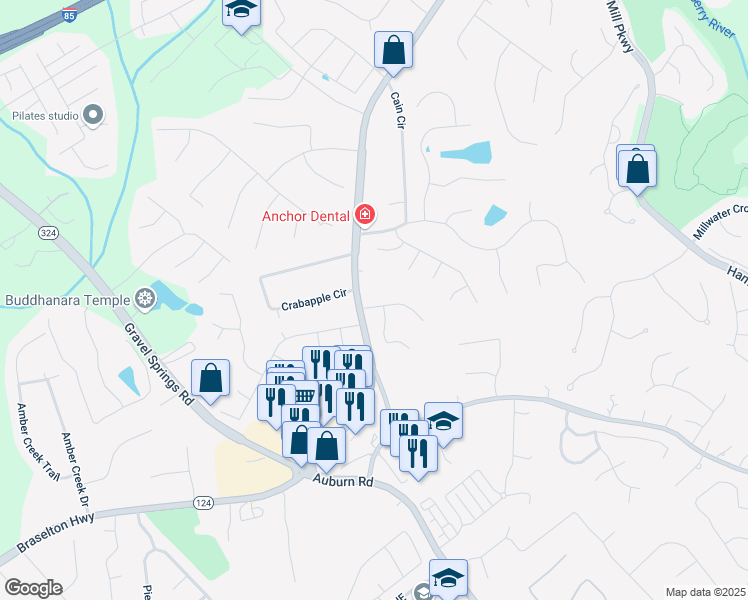 map of restaurants, bars, coffee shops, grocery stores, and more near 2910 Waverly Place Drive in Dacula