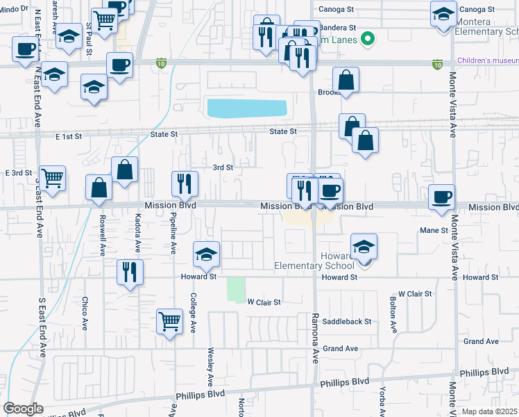 map of restaurants, bars, coffee shops, grocery stores, and more near 4361 East Mission Boulevard in Montclair