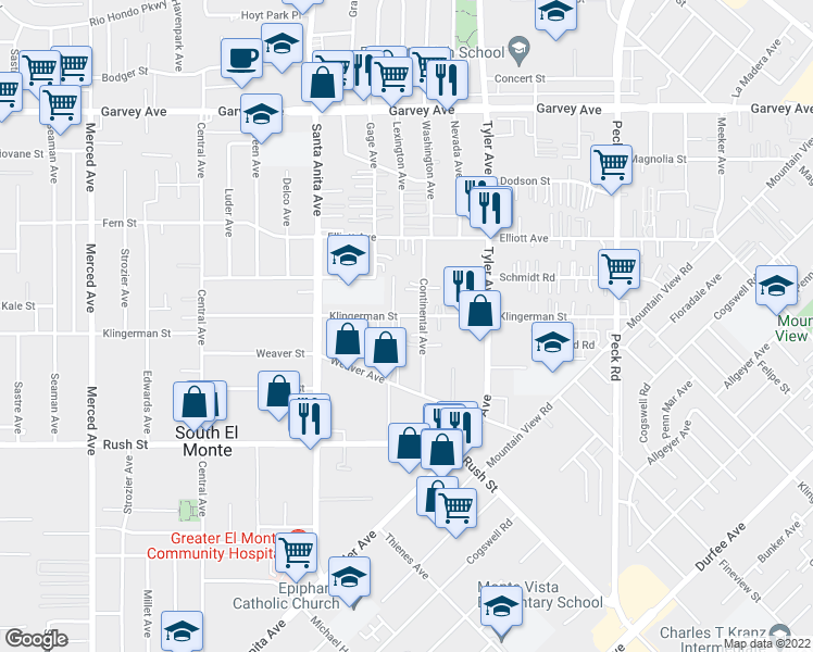 map of restaurants, bars, coffee shops, grocery stores, and more near 10826 Klingerman Street in El Monte