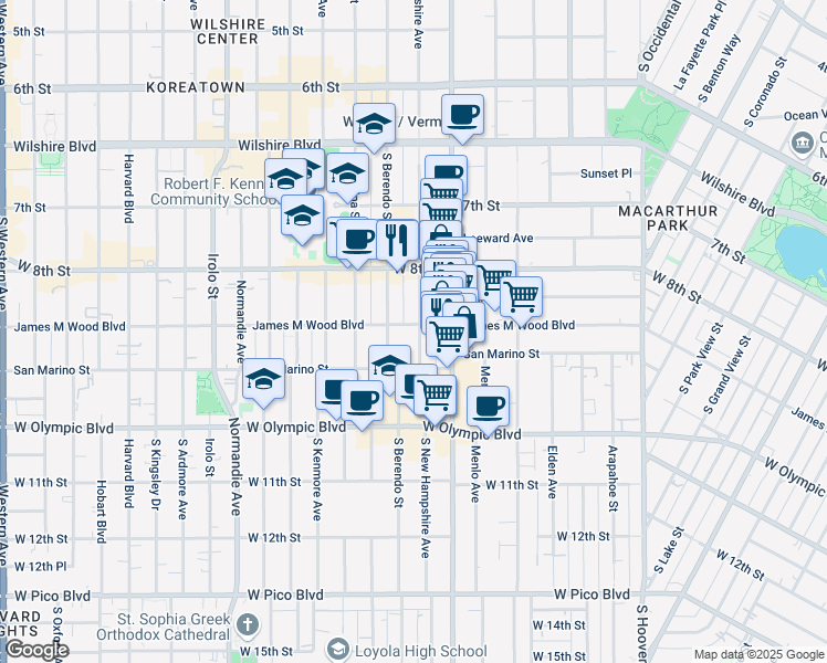 map of restaurants, bars, coffee shops, grocery stores, and more near 903 South New Hampshire Avenue in Los Angeles