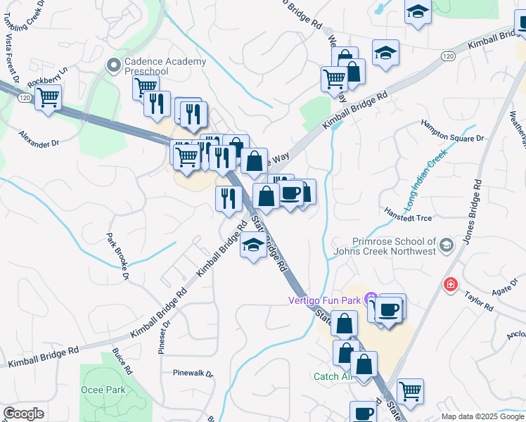 map of restaurants, bars, coffee shops, grocery stores, and more near 11110 State Bridge Road in Alpharetta