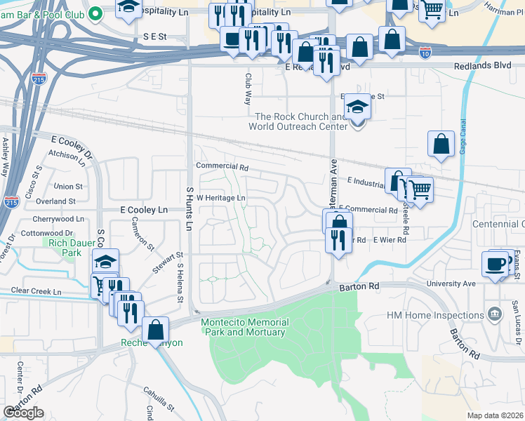 map of restaurants, bars, coffee shops, grocery stores, and more near 2520 Shady Glen Lane in San Bernardino