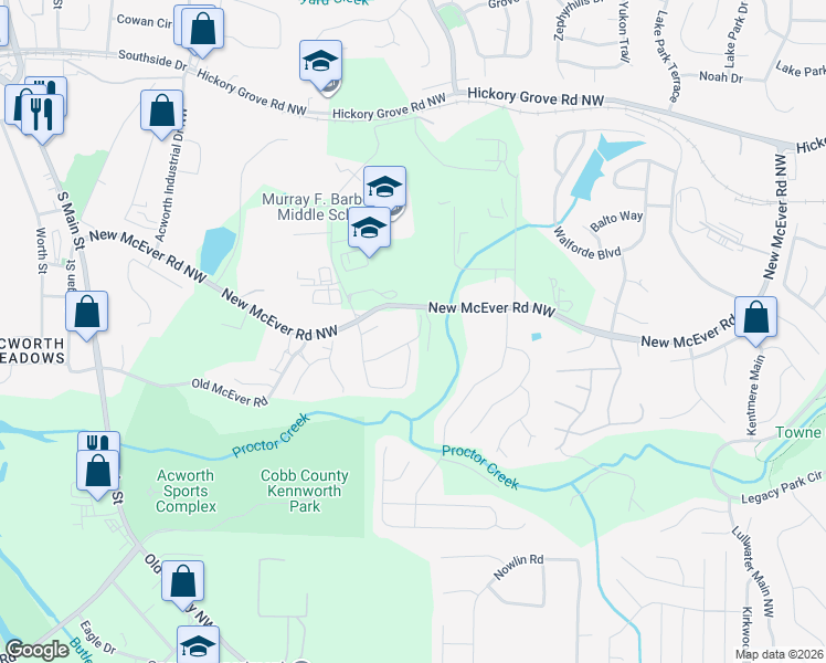 map of restaurants, bars, coffee shops, grocery stores, and more near 3908 Spearmint Lane Northwest in Acworth