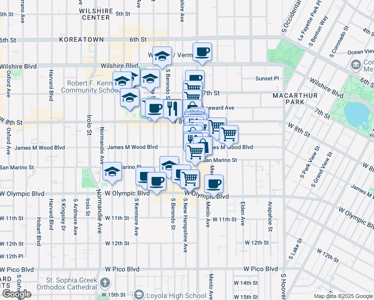 map of restaurants, bars, coffee shops, grocery stores, and more near 904 South New Hampshire Avenue in Los Angeles