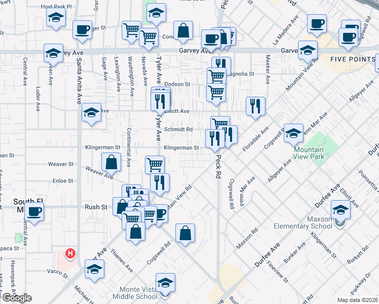 map of restaurants, bars, coffee shops, grocery stores, and more near 11126 Klingerman Street in El Monte