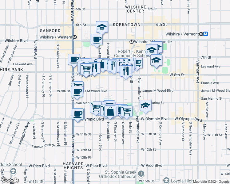 map of restaurants, bars, coffee shops, grocery stores, and more near 339 South Kingsley Drive in Los Angeles
