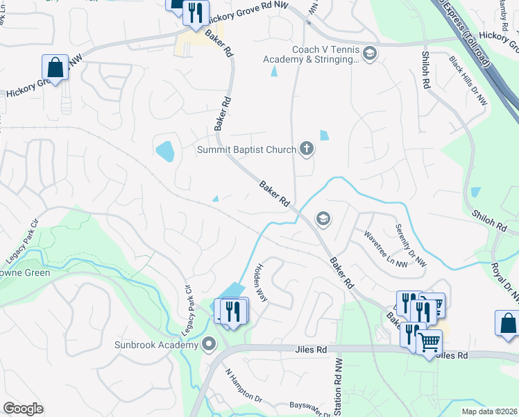 map of restaurants, bars, coffee shops, grocery stores, and more near 2368 Proctor Creek Enclave in Kennesaw