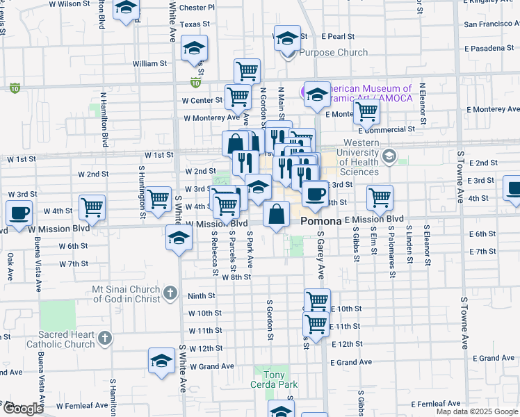 map of restaurants, bars, coffee shops, grocery stores, and more near 363 West 4th Street in Pomona