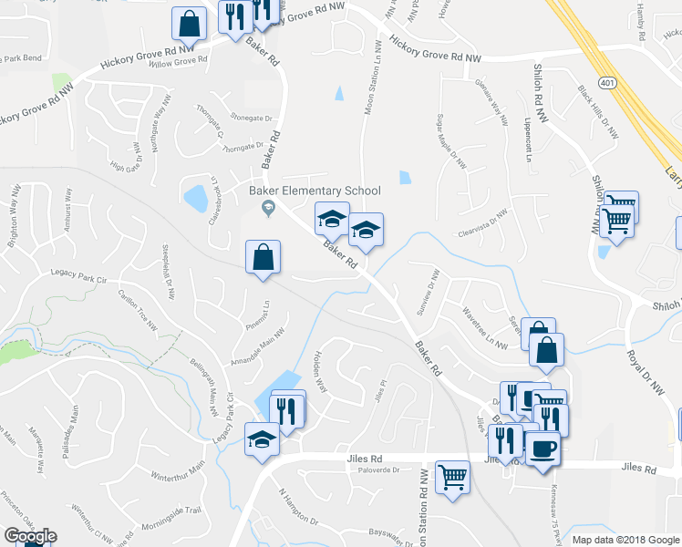 map of restaurants, bars, coffee shops, grocery stores, and more near 2348 Proctor Creek Enclave in Kennesaw