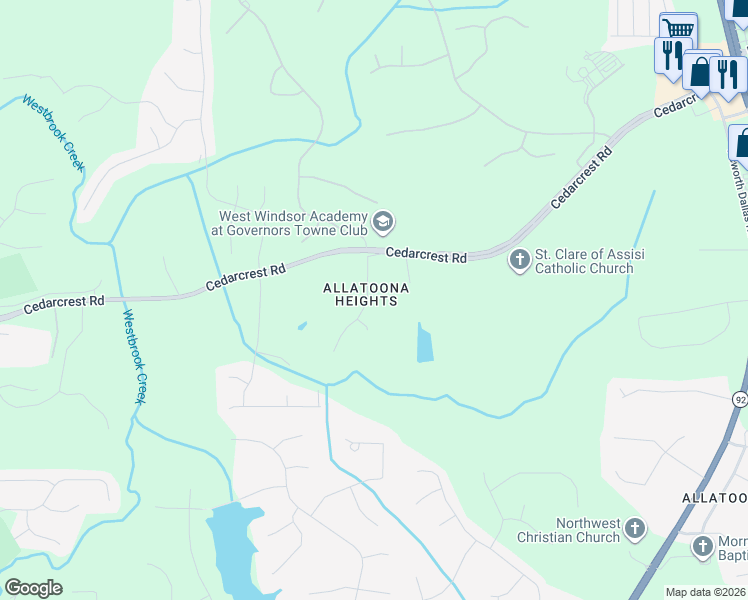map of restaurants, bars, coffee shops, grocery stores, and more near 141 Cedarcrest Drive in Acworth