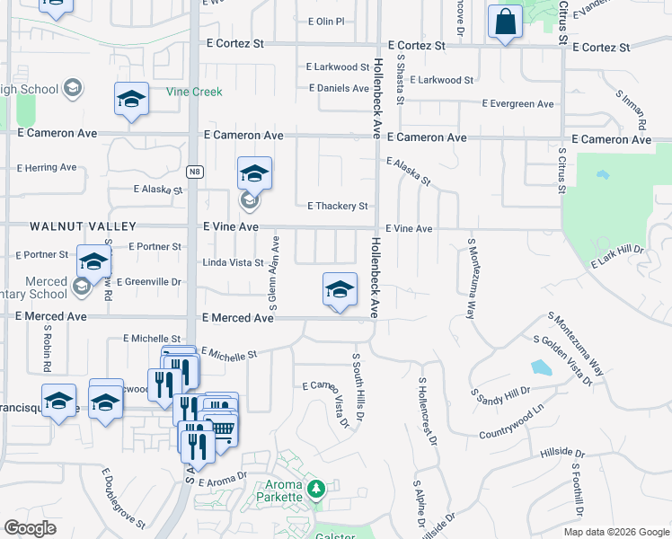 map of restaurants, bars, coffee shops, grocery stores, and more near 2106 Linda Vista Street in West Covina