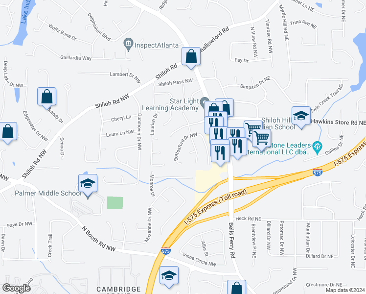 map of restaurants, bars, coffee shops, grocery stores, and more near 467 Bottesford Drive Northwest in Kennesaw
