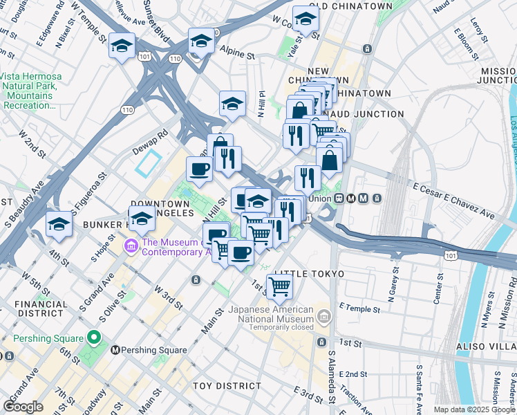 map of restaurants, bars, coffee shops, grocery stores, and more near 211 West Temple Street in Los Angeles