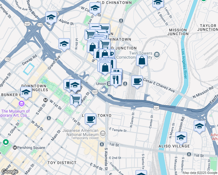 map of restaurants, bars, coffee shops, grocery stores, and more near 767 Alameda Street in Los Angeles
