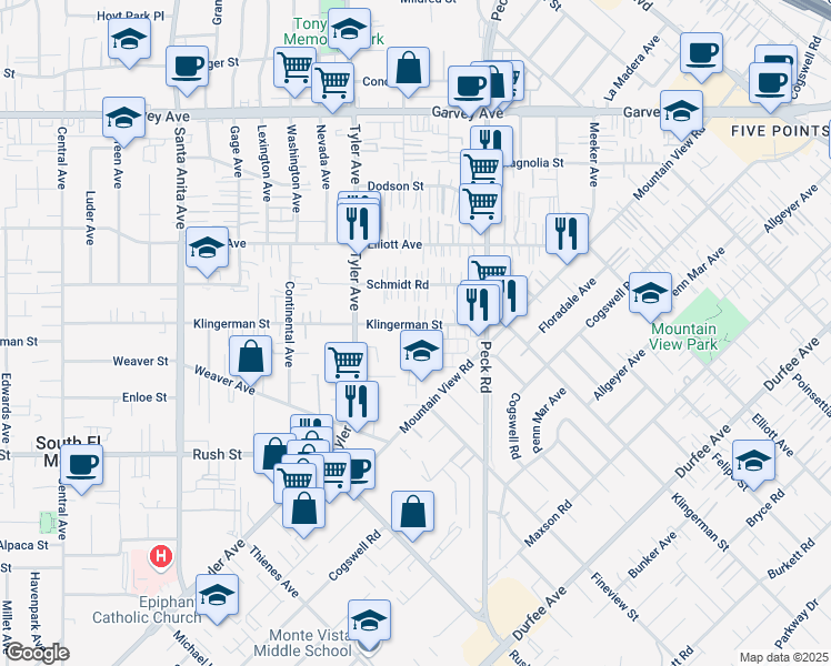 map of restaurants, bars, coffee shops, grocery stores, and more near 11116 Klingerman Street in El Monte