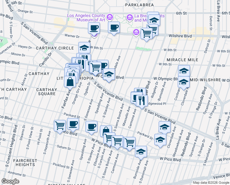 map of restaurants, bars, coffee shops, grocery stores, and more near 1060 South Stanley Avenue in Los Angeles