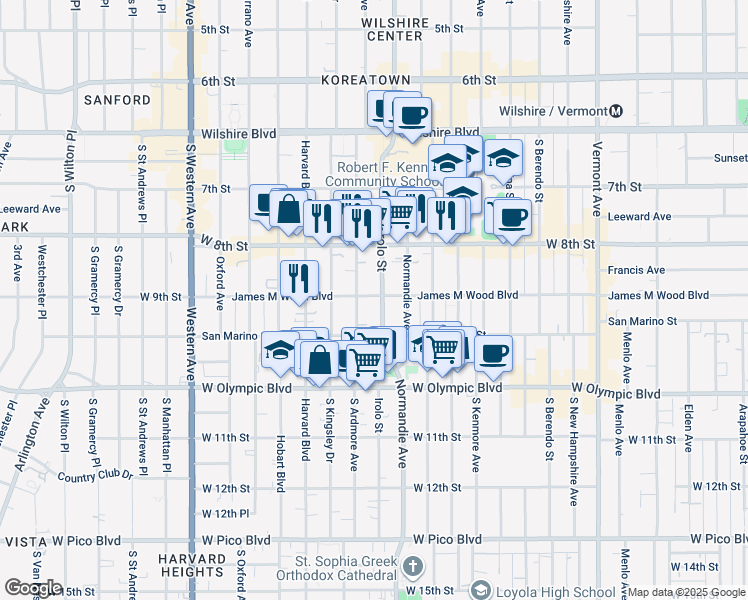 map of restaurants, bars, coffee shops, grocery stores, and more near 901 Irolo Street in Los Angeles