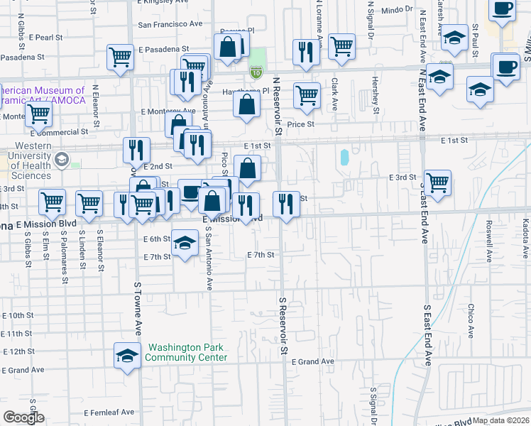 map of restaurants, bars, coffee shops, grocery stores, and more near 1163 East Mission Boulevard in Pomona