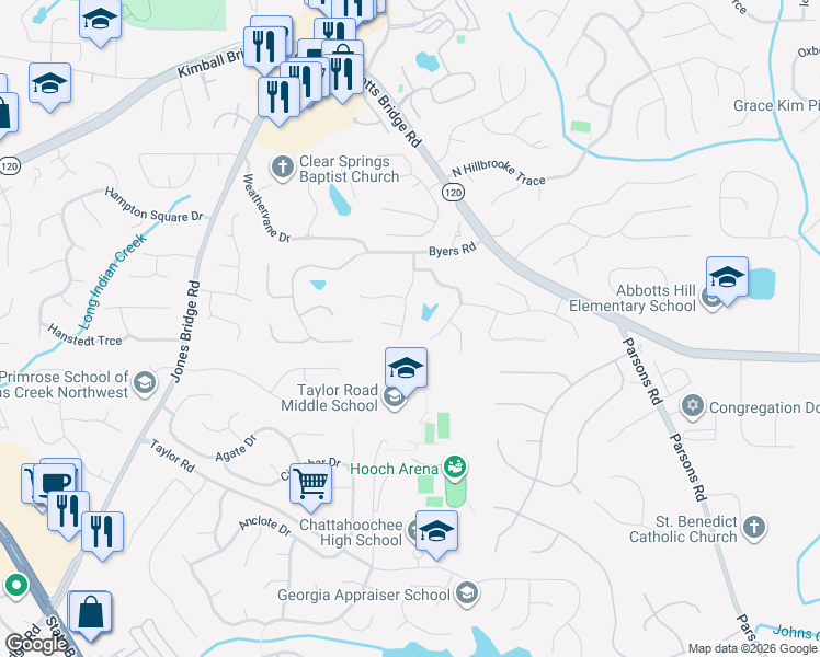 map of restaurants, bars, coffee shops, grocery stores, and more near 11335 Saint Patrice Way in Alpharetta
