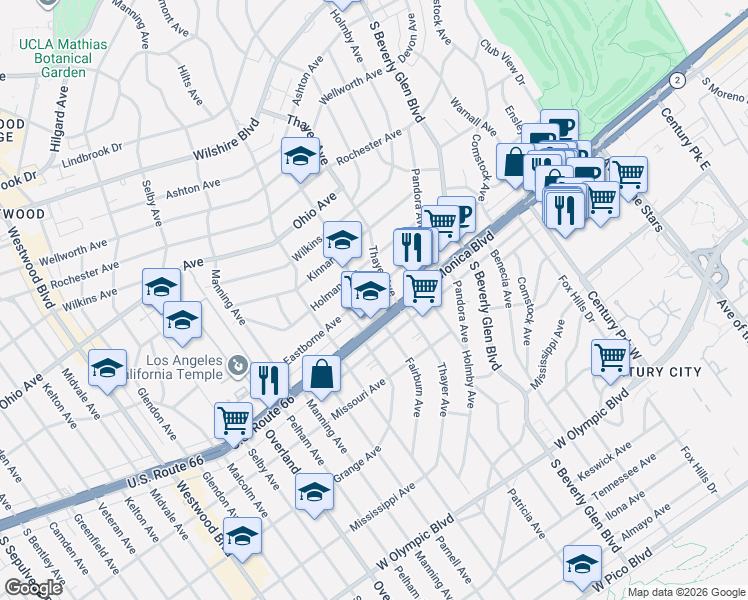 map of restaurants, bars, coffee shops, grocery stores, and more near 10520 Eastborne Avenue in Los Angeles