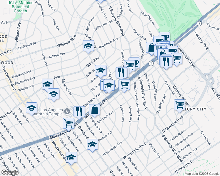 map of restaurants, bars, coffee shops, grocery stores, and more near 10514 Eastborne Avenue in Los Angeles