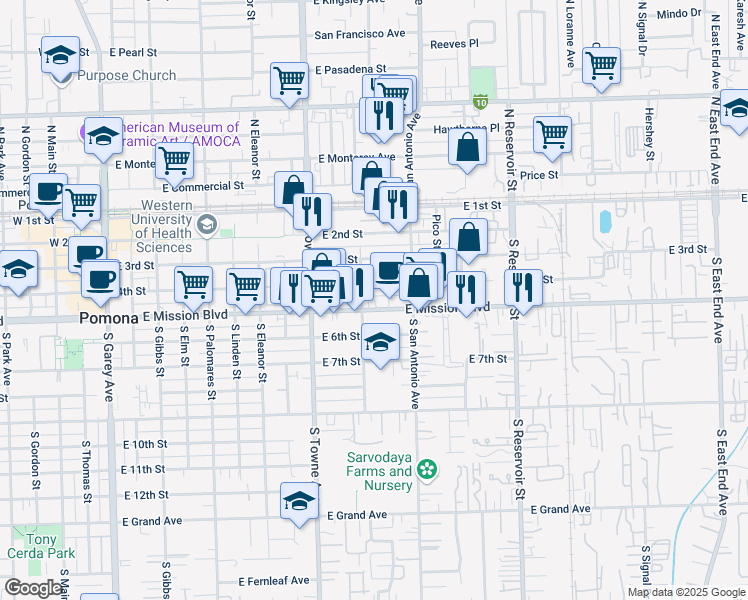 map of restaurants, bars, coffee shops, grocery stores, and more near 957 East Mission Boulevard in Pomona