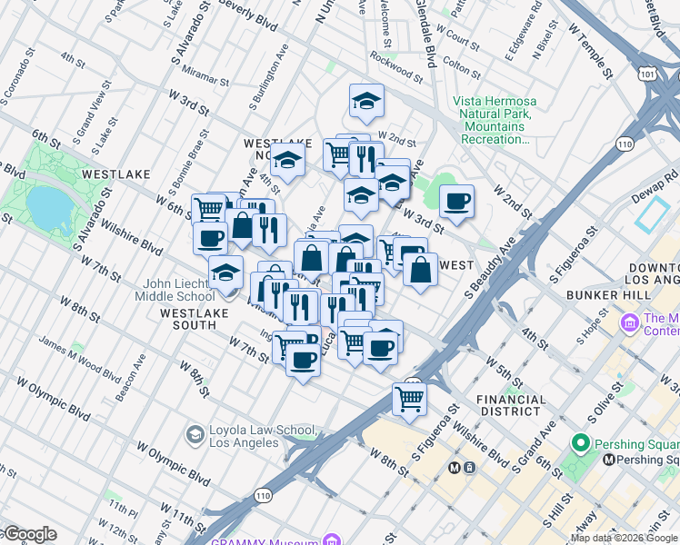 map of restaurants, bars, coffee shops, grocery stores, and more near 1441 West 5th Street in Los Angeles