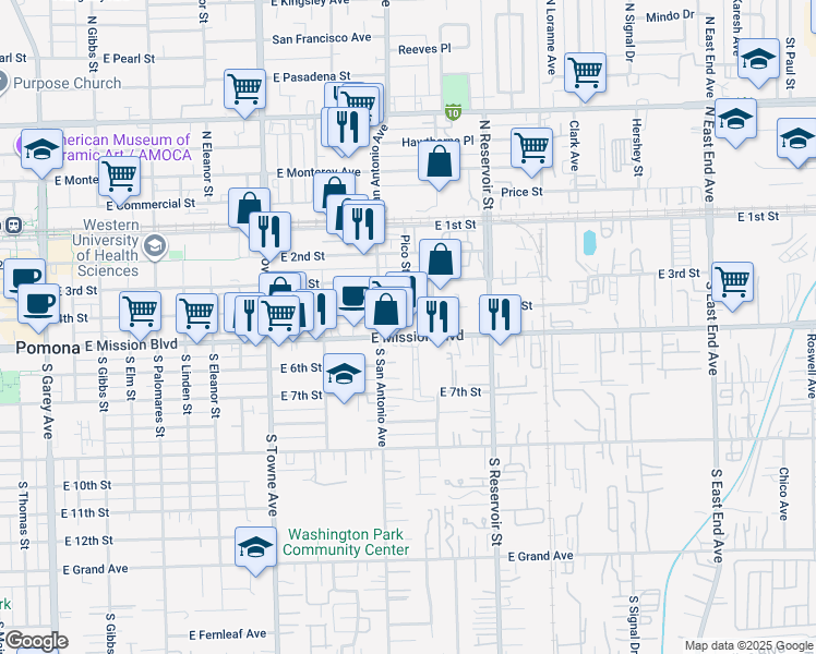 map of restaurants, bars, coffee shops, grocery stores, and more near 1057 East Mission Boulevard in Pomona