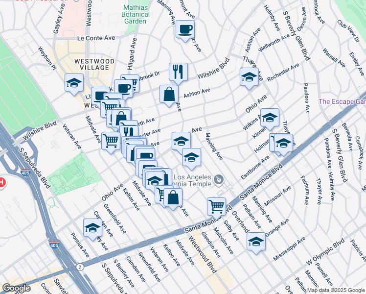 map of restaurants, bars, coffee shops, grocery stores, and more near 10750 Ohio Avenue in Los Angeles