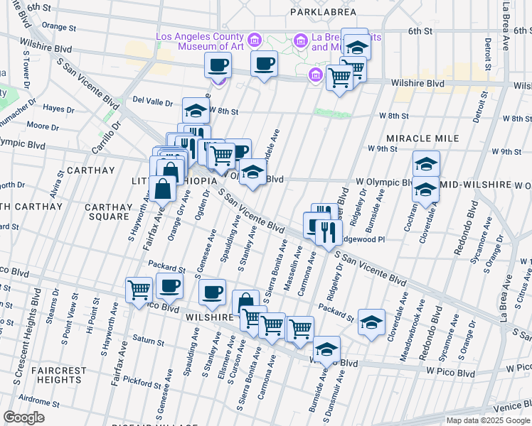 map of restaurants, bars, coffee shops, grocery stores, and more near 1053 South Stanley Avenue in Los Angeles