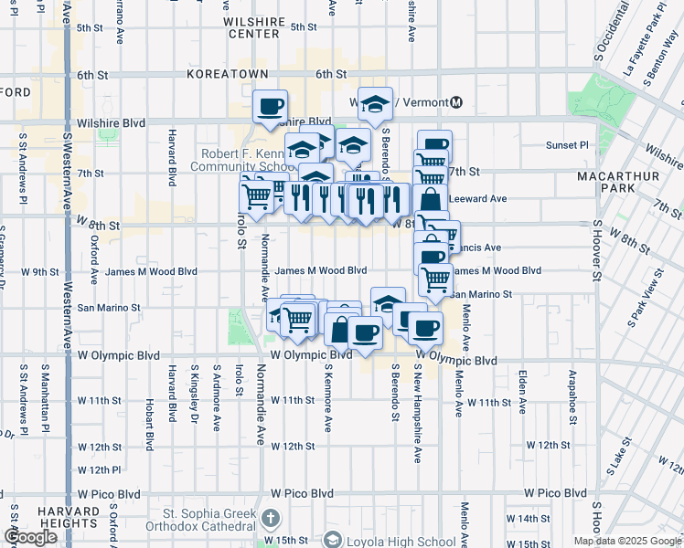 map of restaurants, bars, coffee shops, grocery stores, and more near 900 South Kenmore Avenue in Los Angeles