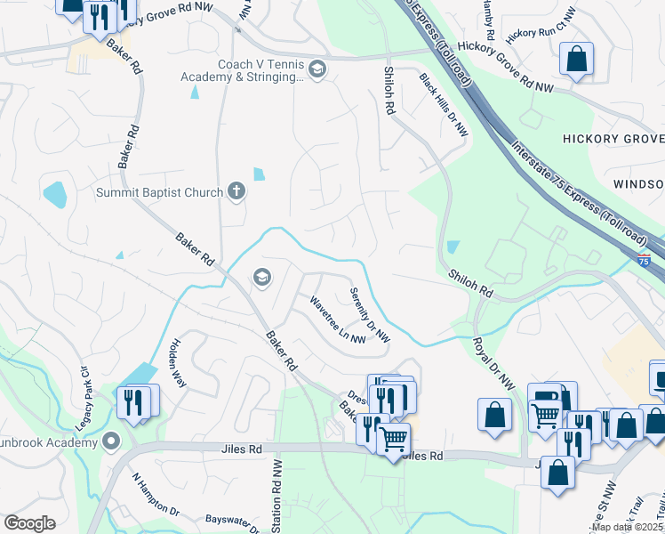 map of restaurants, bars, coffee shops, grocery stores, and more near 2218 Serenity Drive Northwest in Acworth